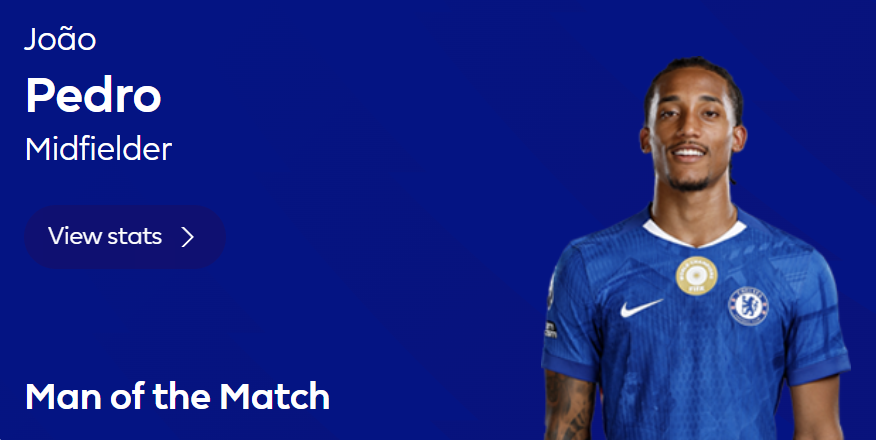 首开记录！官方：佩德罗当选切尔西2-0富勒姆全场最佳球员