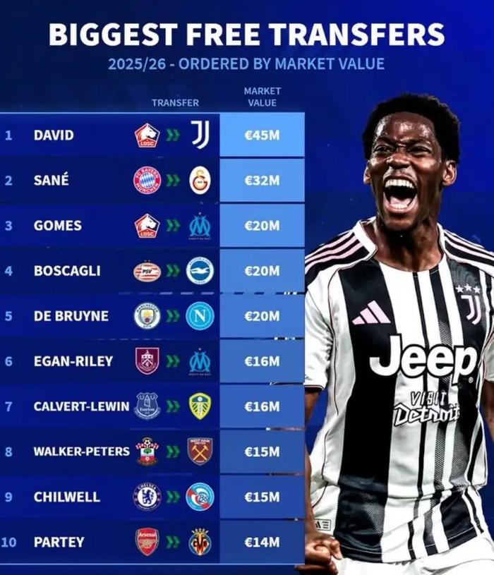 必赢体育-2025夏窗十大免签球员身价榜，戴维4500万欧居首